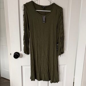 Express Olive Lace-Up Sleeve Long Sleeve Dress